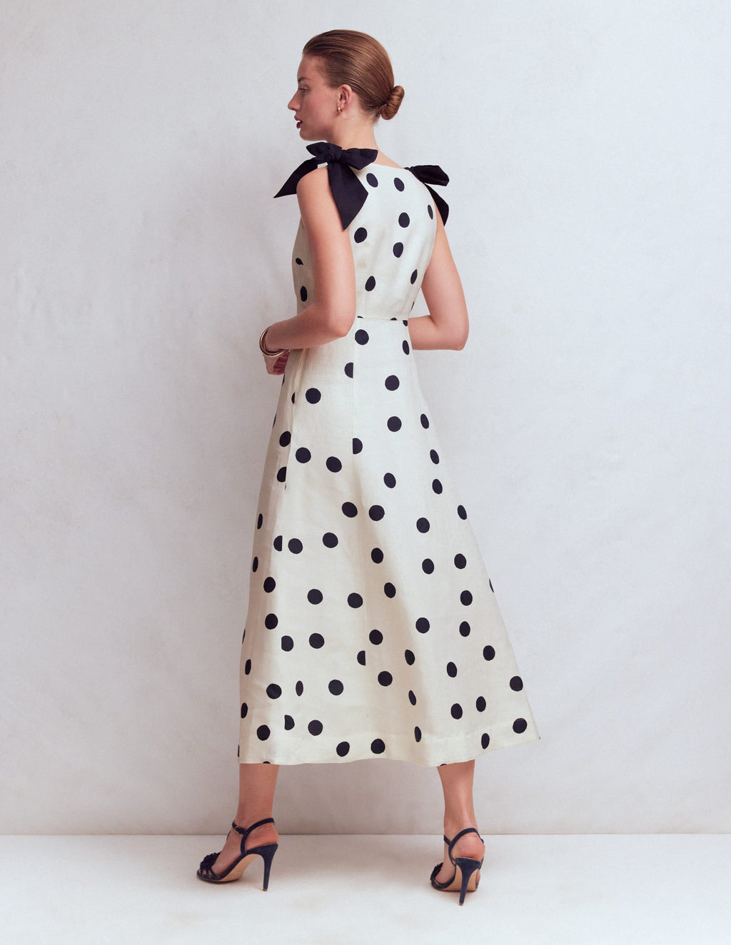 Bow Detail Linen Empire Dress-Ivory Painted Dot Spaced