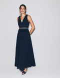 Lace Plunge Neck Panel Dress-Navy